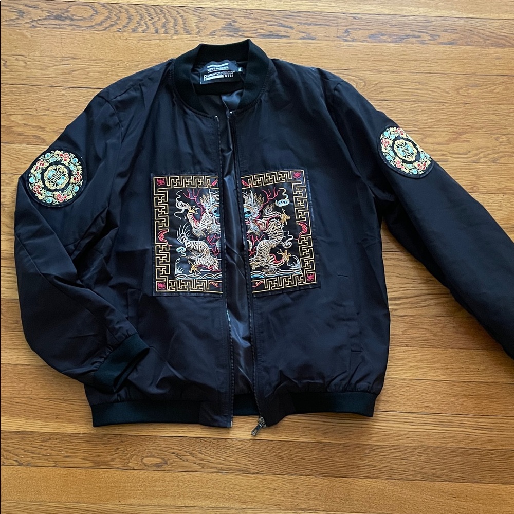 Men's Black Bomber Jacket with Embroidered Design